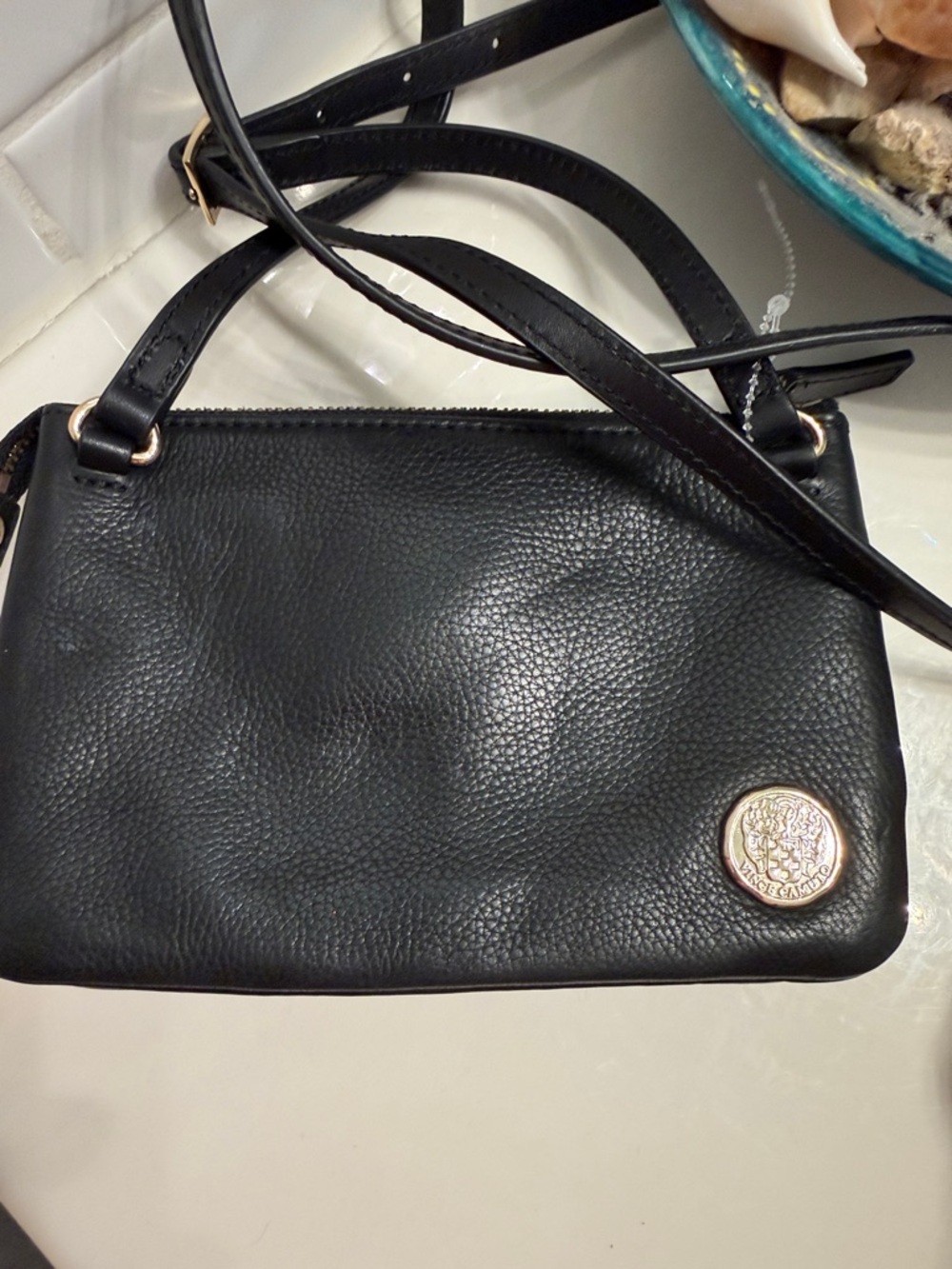 Vince Camuto Black Leather Crossbody with White Snakeskin-Print Panel - Picture 2 of 10